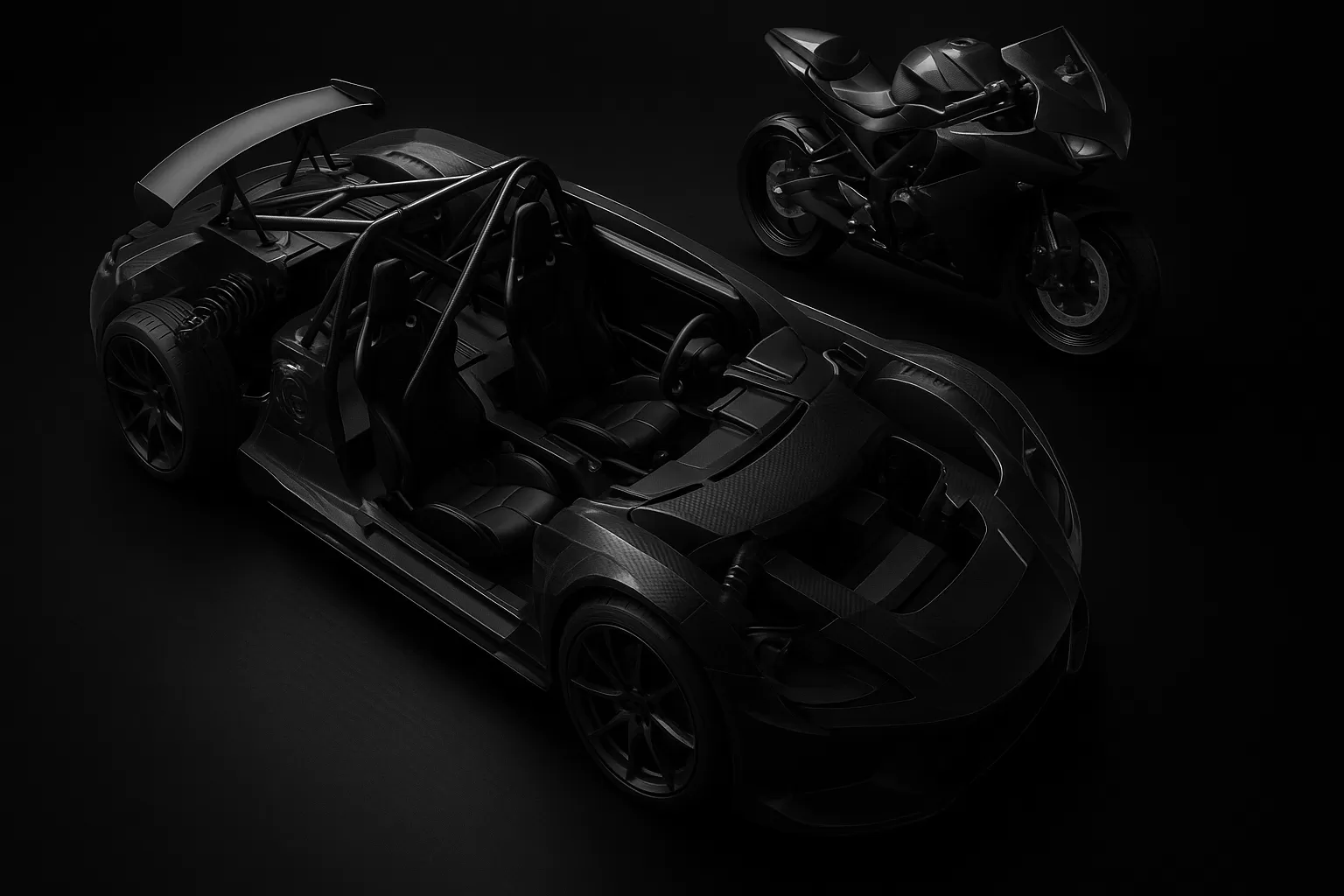 Automotive cutaway and motorcycle illustration showing carbon fiber body panels and components