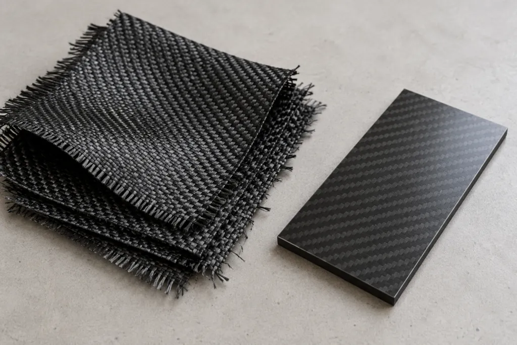 Illustration comparing flexible dry woven carbon fibre fabric with a flat cured laminate coupon