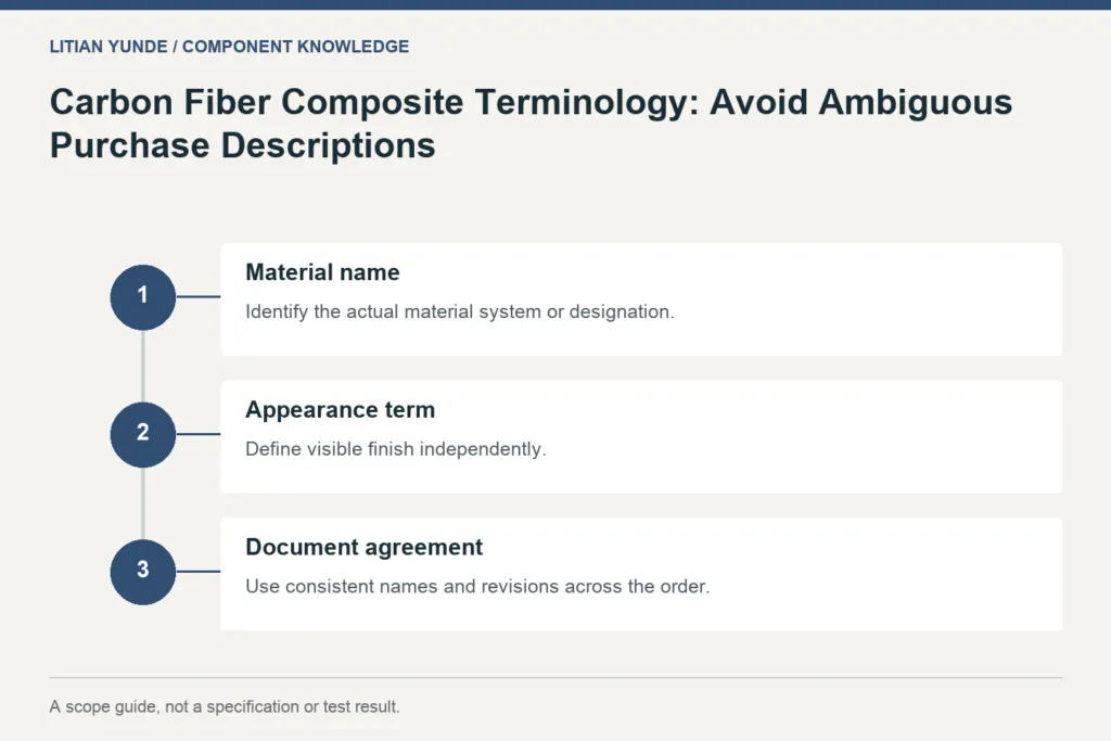 Scope guide: Material name: Identify the actual material system or designation.; Appearance term: Define visible finish independently.; Document agreement: Use consistent names and revisions across the order.