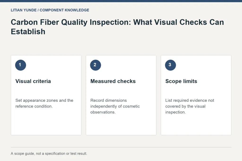 Scope guide: Visual criteria: Set appearance zones and the reference condition.; Measured checks: Record dimensions independently of cosmetic observations.; Scope limits: List required evidence not covered by the visual inspection.