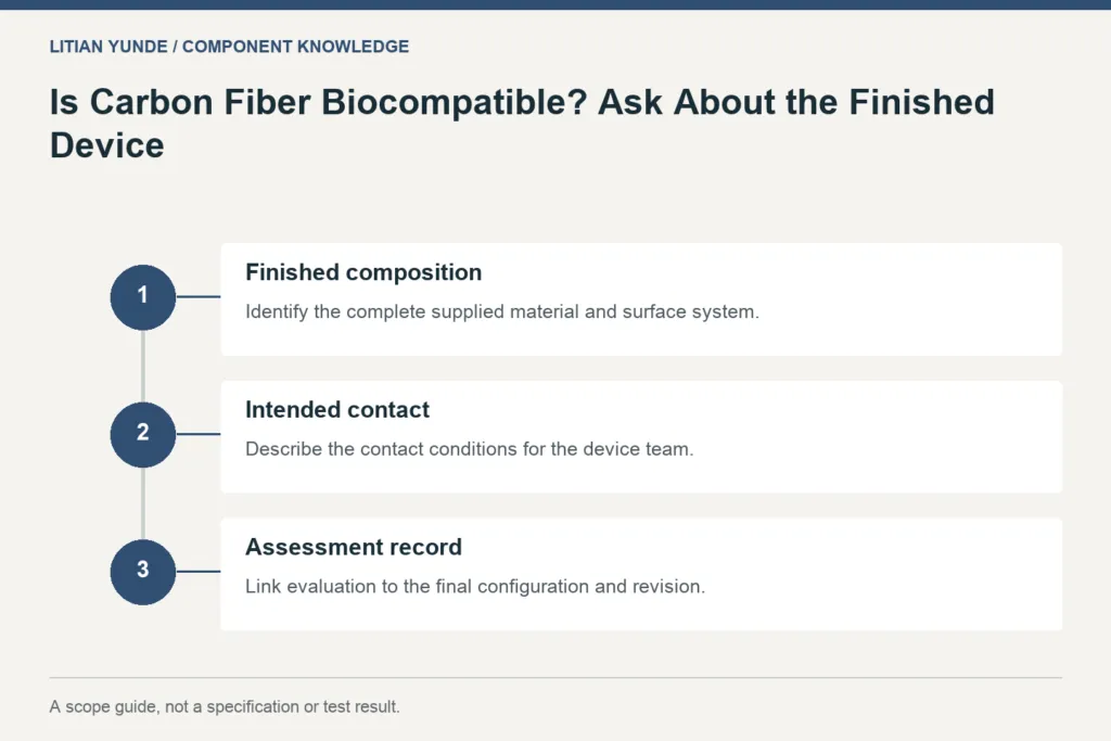 Scope guide: Finished composition: Identify the complete supplied material and surface system.; Intended contact: Describe the contact conditions for the device team.; Assessment record: Link evaluation to the final configuration and revision.