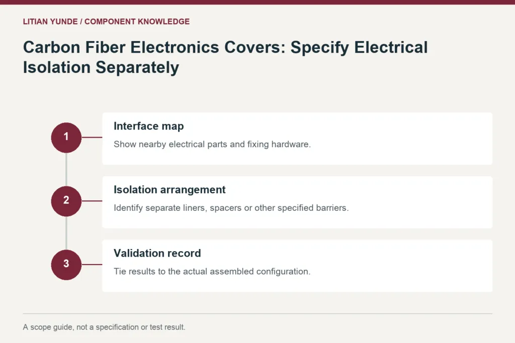 Scope guide: Interface map: Show nearby electrical parts and fixing hardware.; Isolation arrangement: Identify separate liners, spacers or other specified barriers.; Validation record: Tie results to the actual assembled configuration.