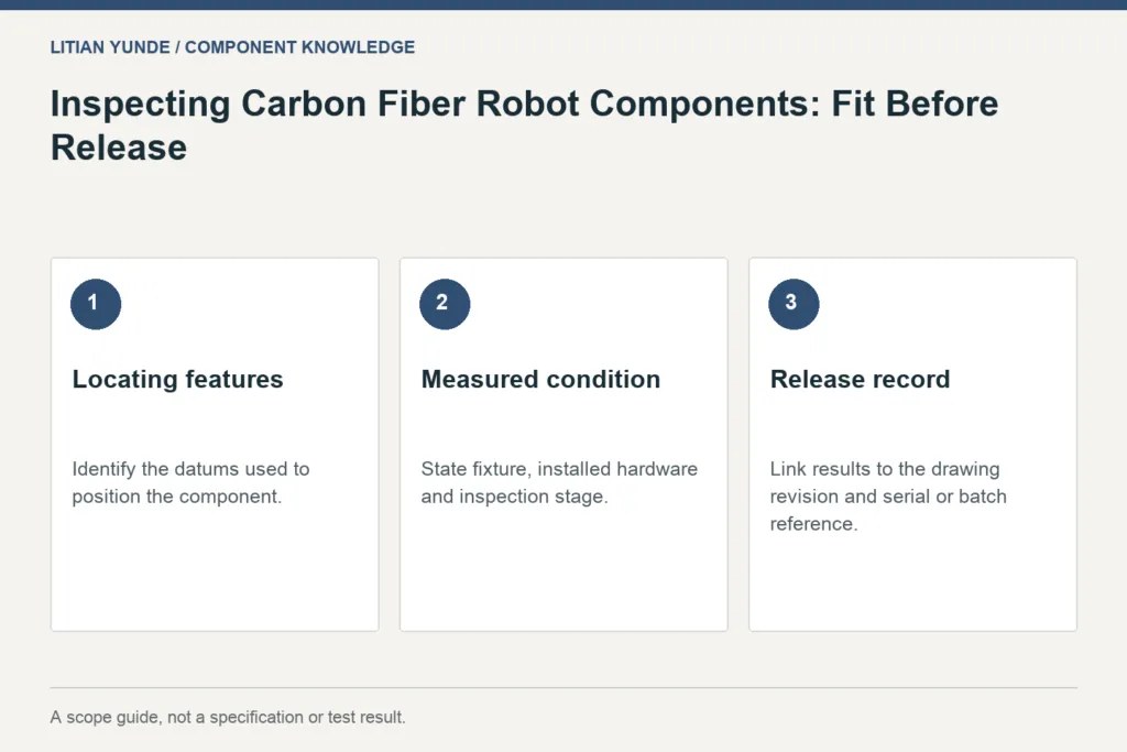Scope guide: Locating features: Identify the datums used to position the component.; Measured condition: State fixture, installed hardware and inspection stage.; Release record: Link results to the drawing revision and serial or batch reference.