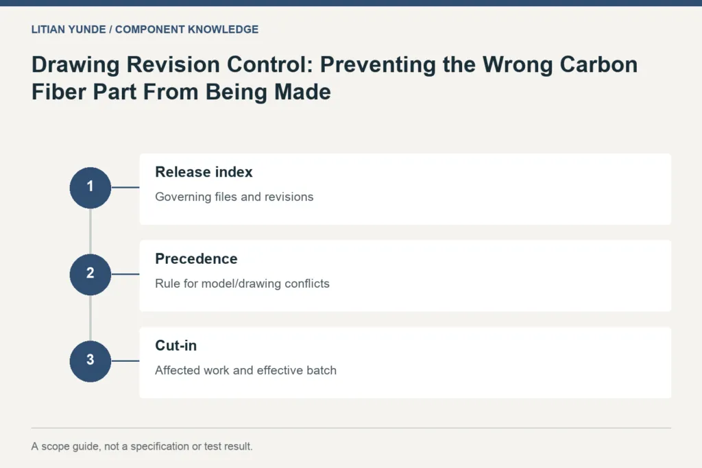 Scope guide: Release index: Governing files and revisions; Precedence: Rule for model/drawing conflicts; Cut-in: Affected work and effective batch
