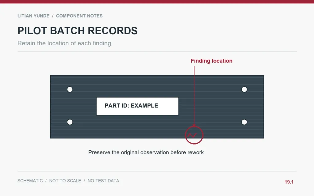 Retain the location of each finding; Carbon Fiber Pilot Batches: Record Defects Without Losing the Part History
