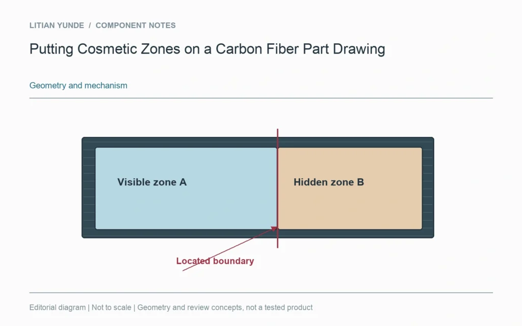 Inserimento delle zone estetiche in un disegno di un componente in fibra di carbonio — schema geometrico