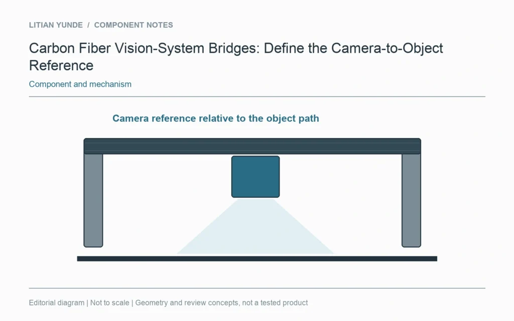 Locate the camera relative to the object path and the machine supports.