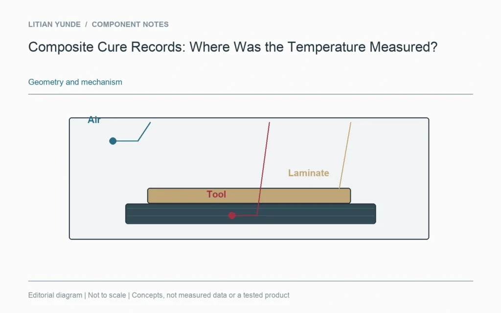 Air, tool and laminate sensor positions are shown conceptually; no cure settings are specified.