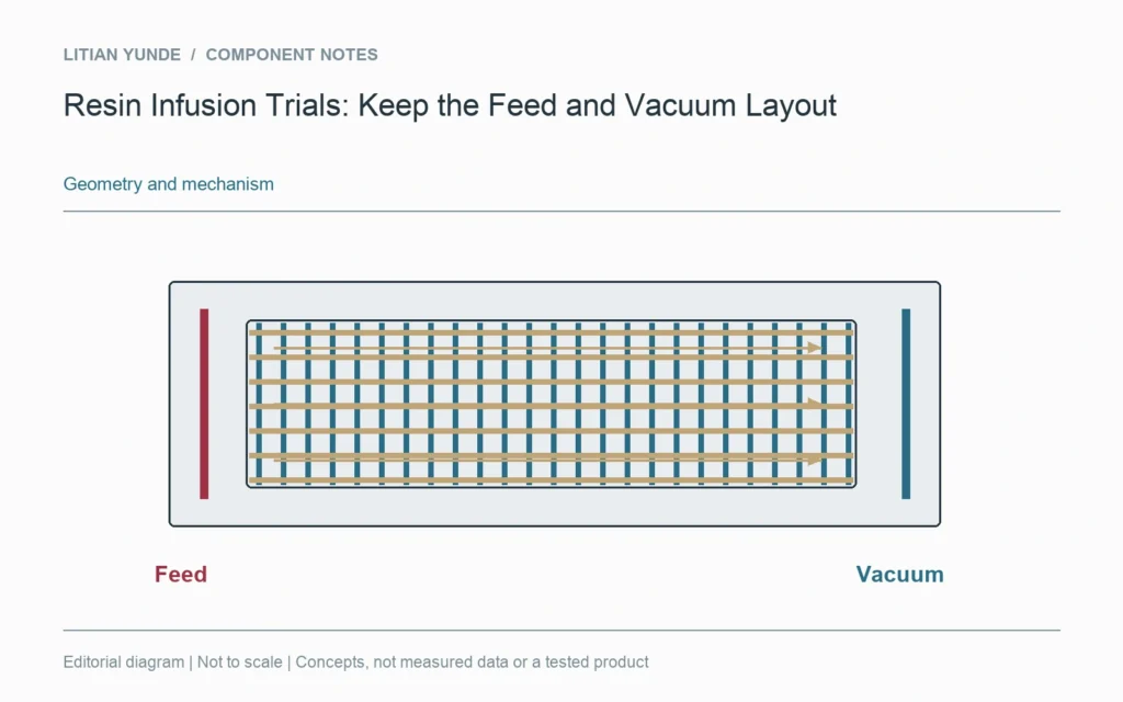 A conceptual infusion layout identifies the feed, vacuum connection and reinforcement region.