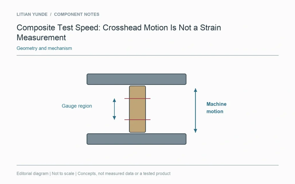 Machine motion and the specimen gauge region represent different measurement references.