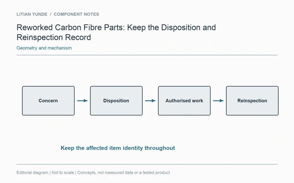 The concern, disposition, work and reinspection form a traceable sequence rather than a cosmetic before/after claim.
