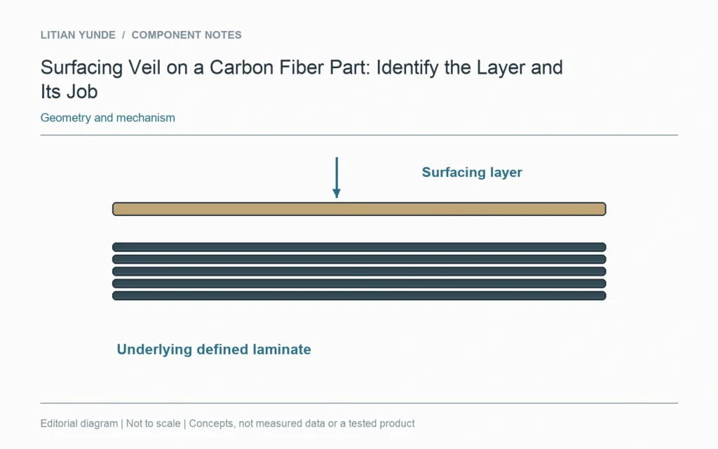 A surfacing veil occupies an identified location above the underlying laminate; layer thicknesses are illustrative.