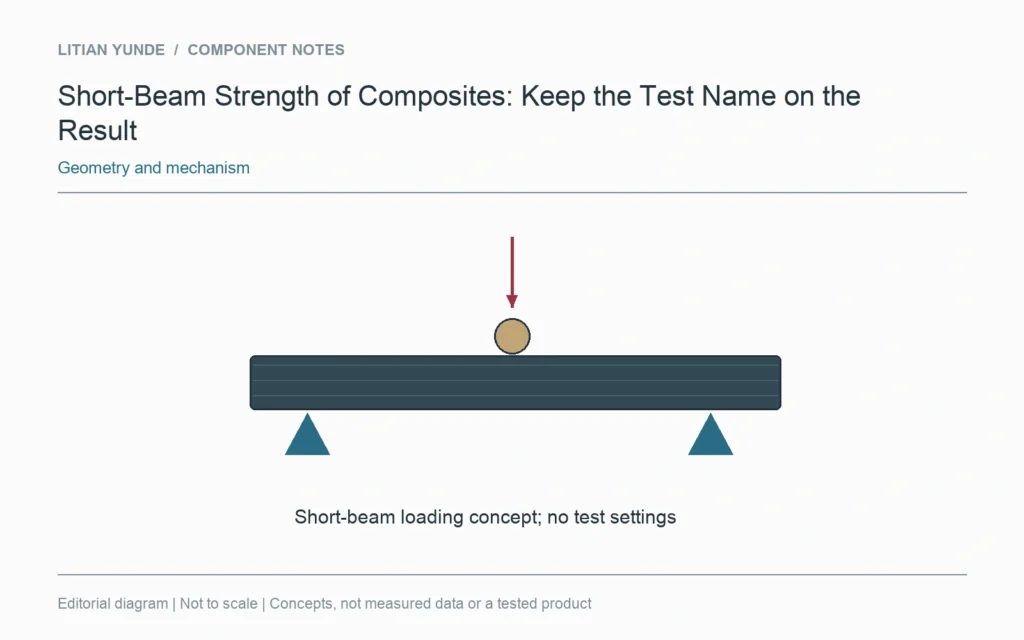A conceptual short beam is loaded between defined supports; no fixture dimensions or test result are given.