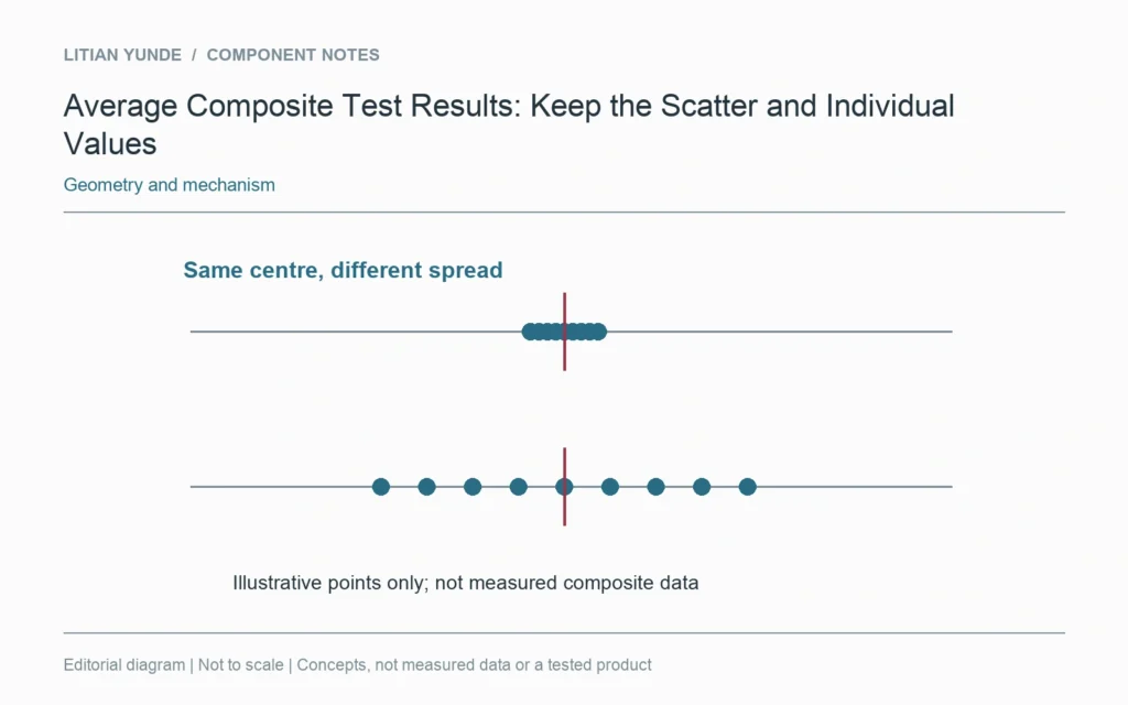 Two illustrative result groups have the same centre and different spread; no measured material data are shown.