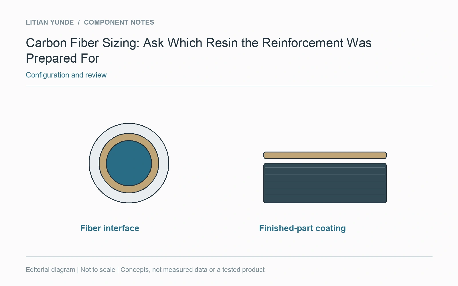 Fiber sizing and a coating on a finished laminate occupy different locations.