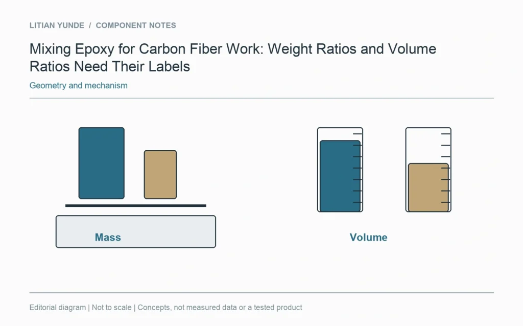 A balance and a graduated vessel represent different measurement bases for a resin and hardener pair.