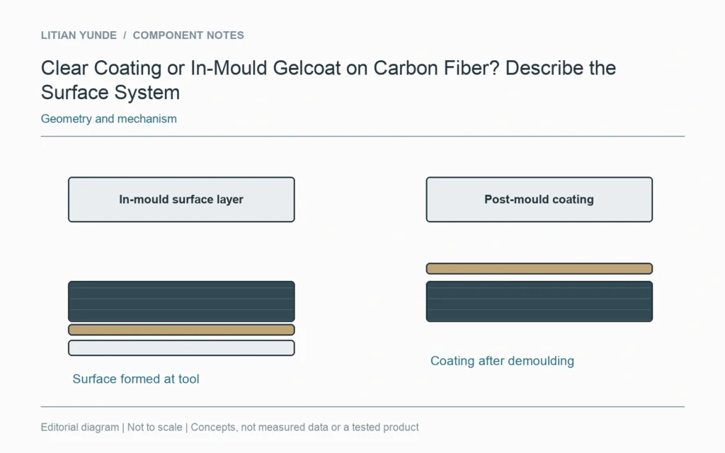 An in-mould surface layer and a post-mould coating represent different example manufacturing sequences.