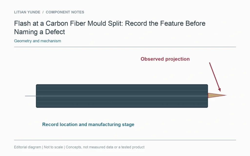 Material beyond a mould split is shown as an observation outside a defined boundary, not a diagnosis.