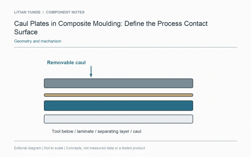 A removable caul is located above a conceptual laminate stack and is not counted as a delivered ply.