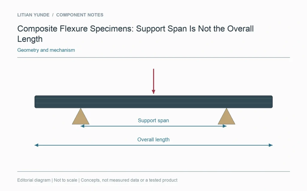The overall specimen length extends beyond the separately dimensioned support span.