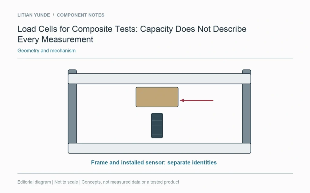 A testing frame and its installed load cell have separately identified capacity descriptions.
