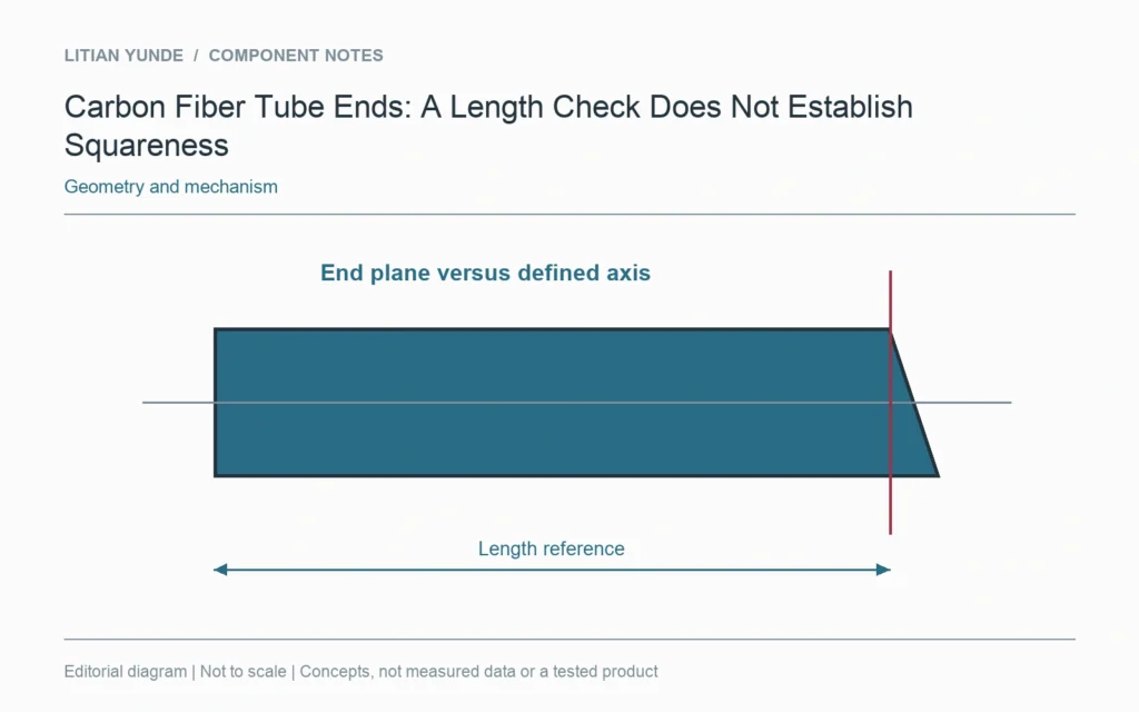 An angled end face can share a nominal length reference without establishing squareness to the axis.