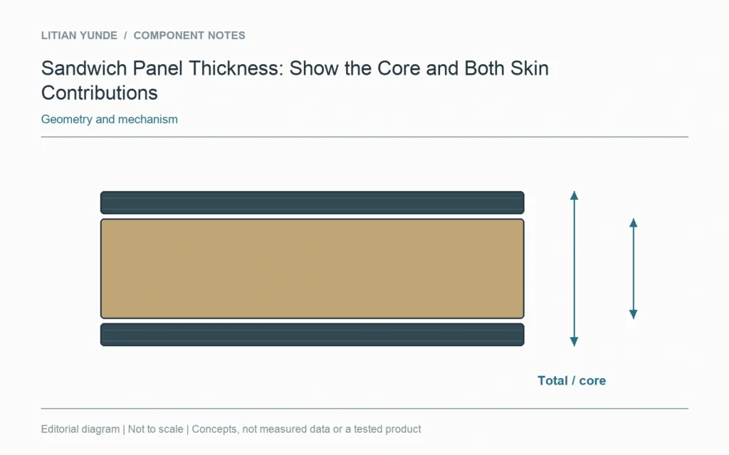 Overall panel thickness spans both skins and the core; the core has its own dimension.