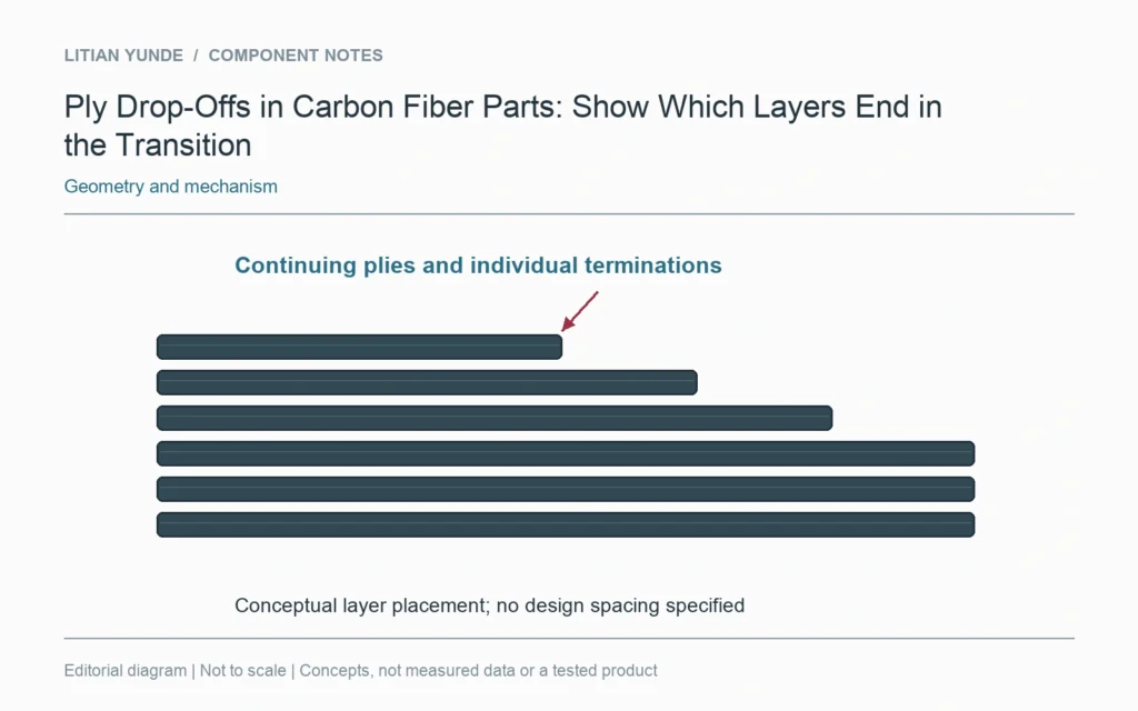 Individual plies terminate at different conceptual positions between thick and thin laminate regions.