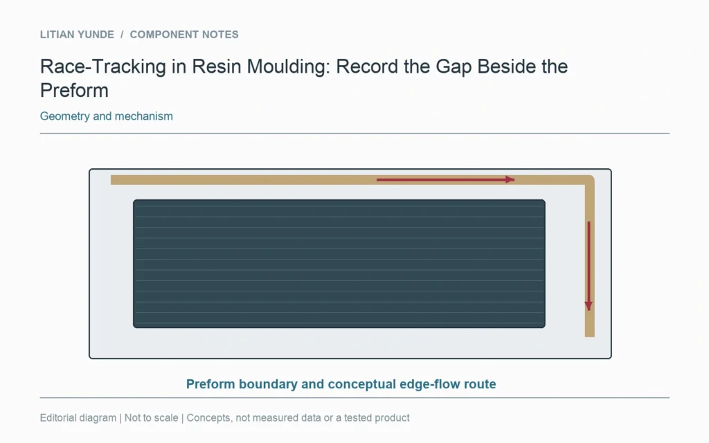 A conceptual edge route bypasses part of the reinforcement region beside the preform boundary.