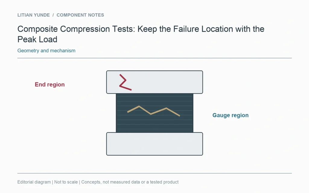 Loading-end and gauge-section observations occur in different regions of a conceptual compression specimen.