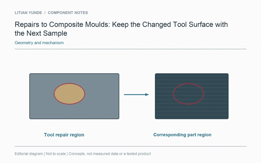 A local mould repair is mapped to the corresponding region of the next represented component.